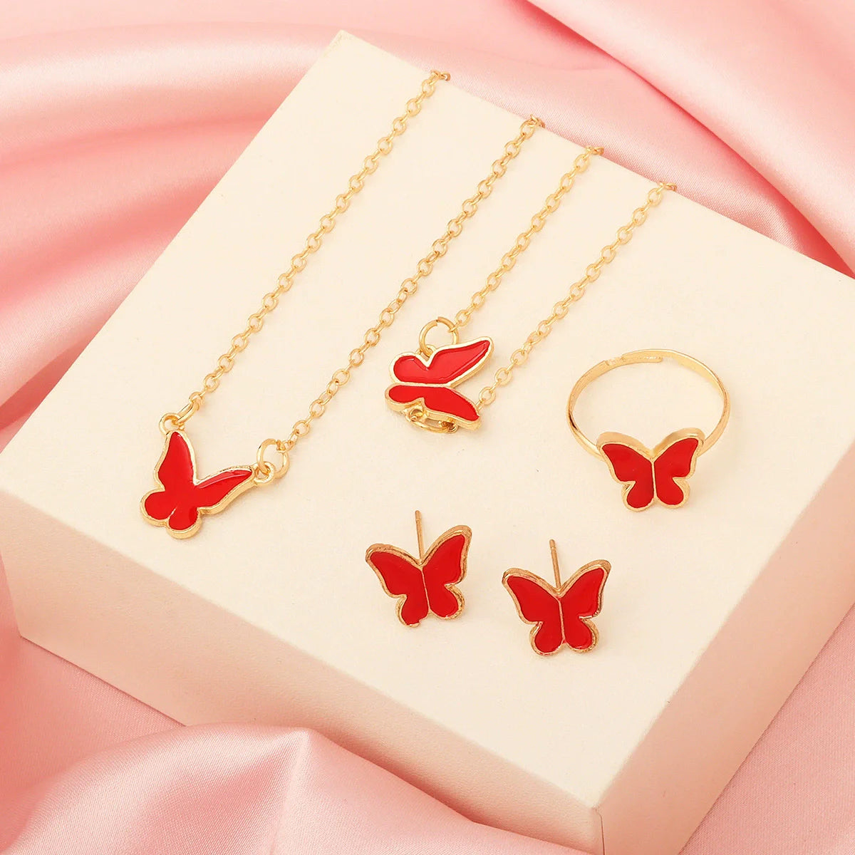 Necklace Earrings Bracelet Ring Jewelry Set for Women Wedding Party Sweet Jewelry Red Enamel Oil Butterfly Charms Accessories