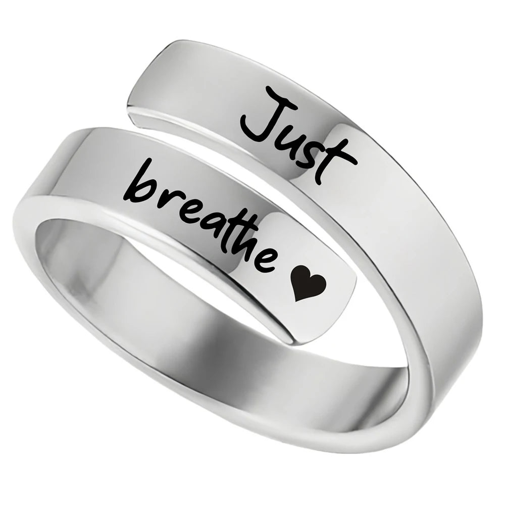 Just Breathe Heart Ring for Women Men, Stainless Steel Spiral Wrap Healing Rings, Inspirational Heart felt Gifts with Box