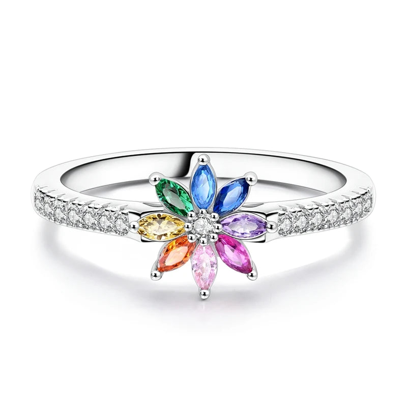Original 925 Sterling Silver Rings Hope Rainbow Zircon Flower Rings For Women Girls Jewelry Birthday Anniversary Gifts