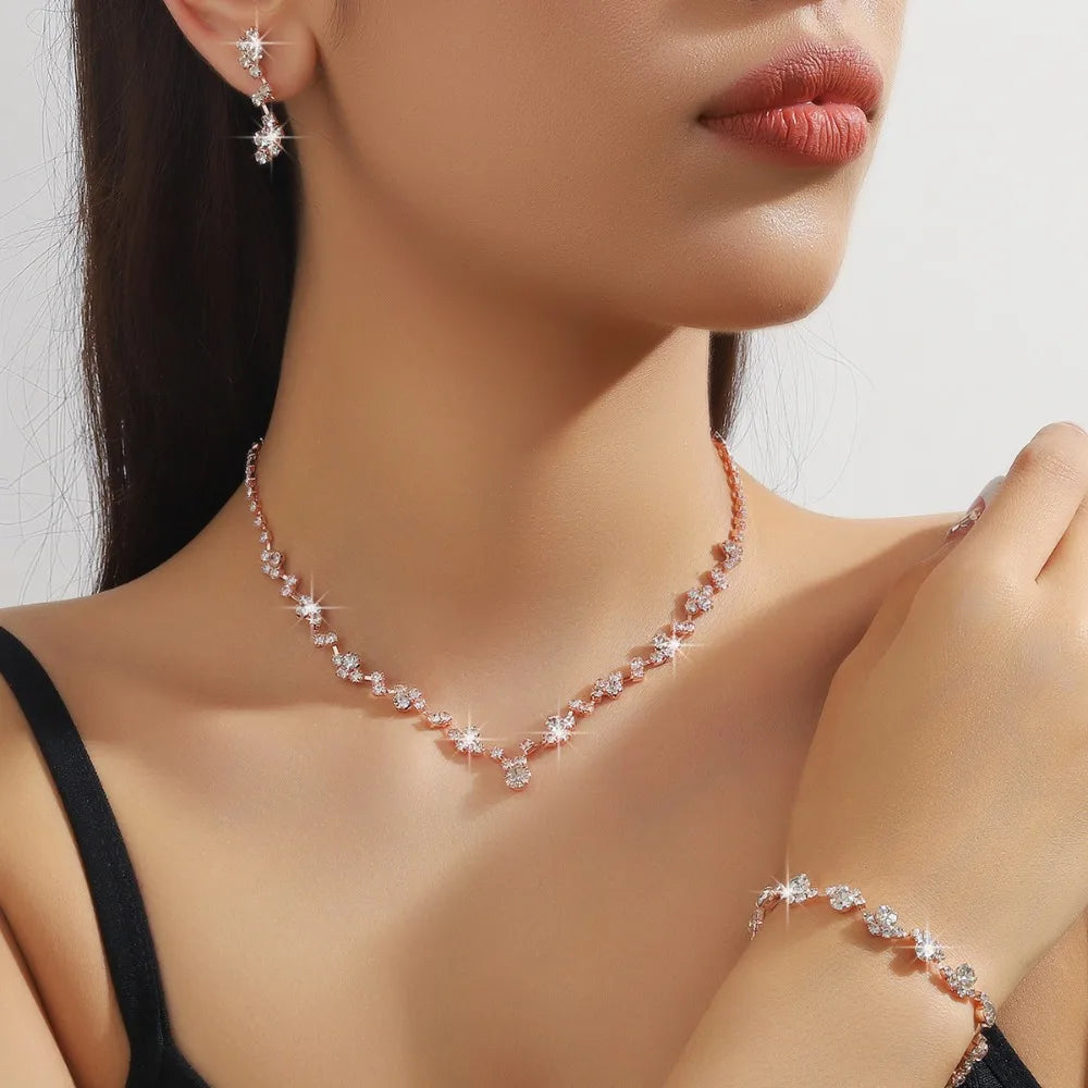 Bridal Shining Crystal Jewelry Set Rhinestone Exquisite Earrings Bracelet Luxury Necklace Women