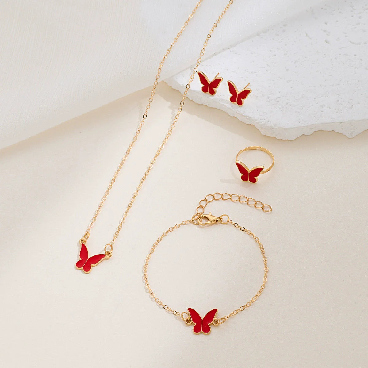 Necklace Earrings Bracelet Ring Jewelry Set for Women Wedding Party Sweet Jewelry Red Enamel Oil Butterfly Charms Accessories Secondary image
