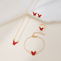 Necklace Earrings Bracelet Ring Jewelry Set for Women Wedding Party Sweet Jewelry Red Enamel Oil Butterfly Charms Accessories