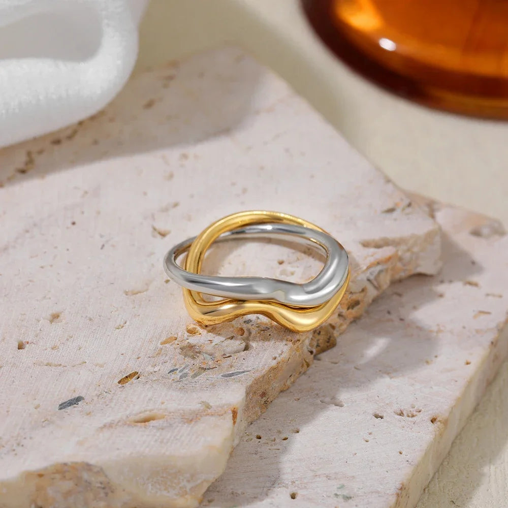 New Punk Two-tone Double Circle Rings for Women Non Tarnish Quality 18K Gold Plated Minimalist Twist Ring Vintage Jewelry Bijoux Main image