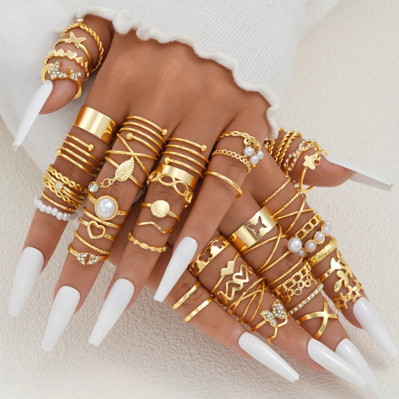58PCS Vintage Heart Snake Butterfly Rings Set for Women Fashion Metal Gold Plated Geometric Hollow Finger Ring Jewelry Gifts New Secondary image