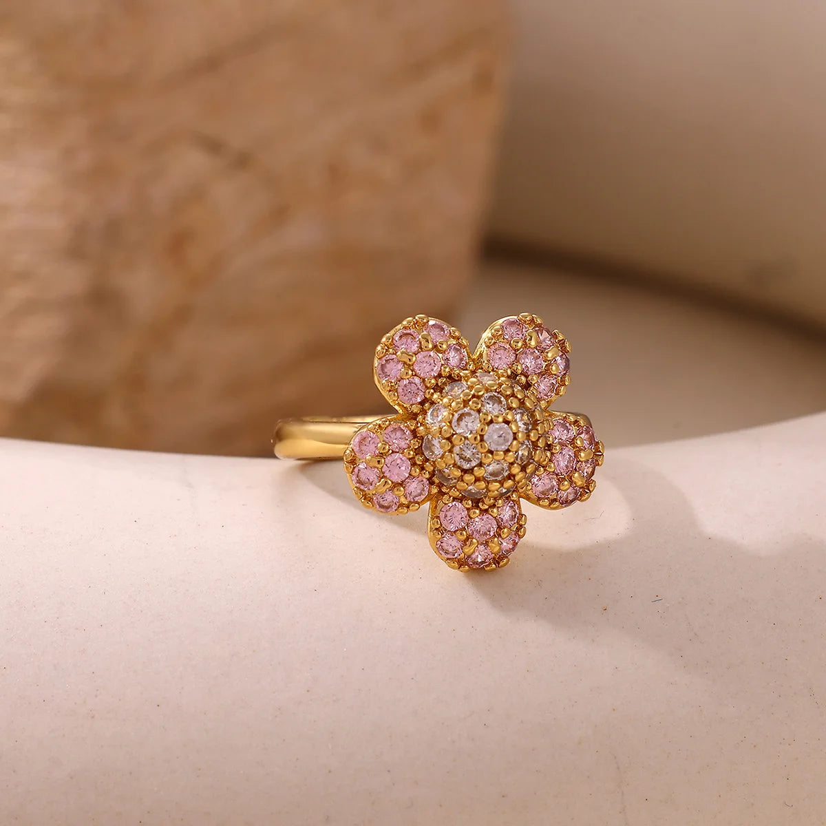 Pink Romantic Rose Rings For Women Elegant Fashion Full Zircon Flower Anillos Gold Color Jewelry Valentine's Day Wife Mama Gift