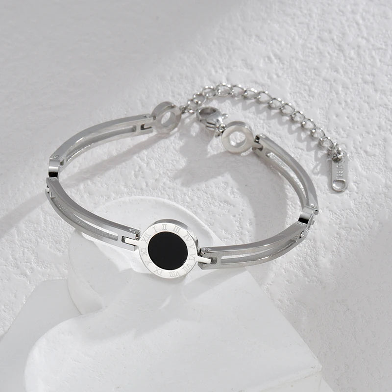 Fashion Bracelet For Women Black Acrylic Stainless Steel Couple Bracelet Carved Roman Numerals Girl Gift Hot Sale