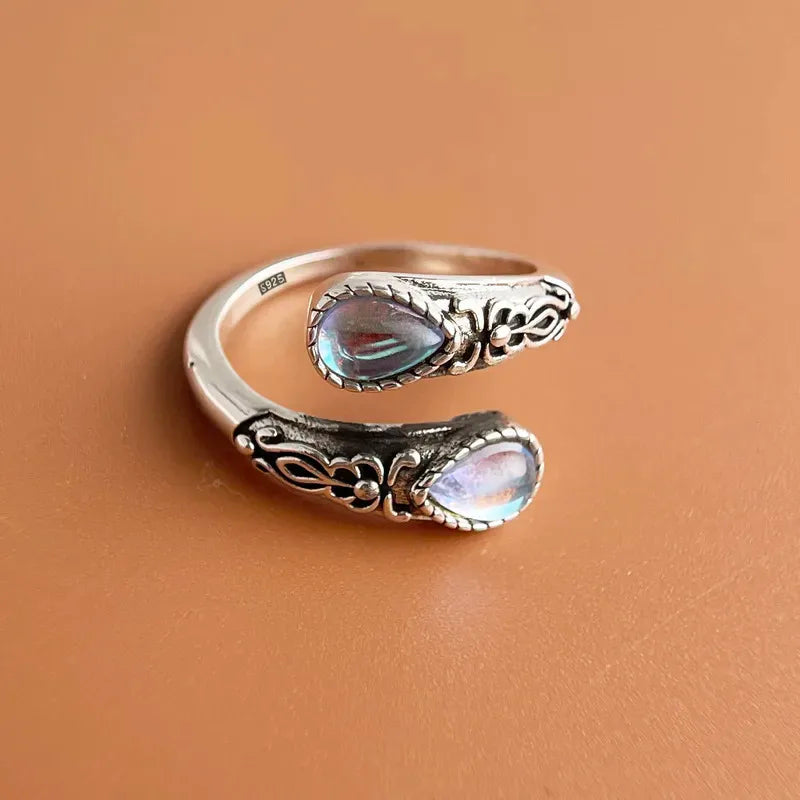 925 Sterling Silver Rings For Women Geometric Fine Jewelry Finger Adjustable Vintage BLue Stone Ring For Party Birthday Gift