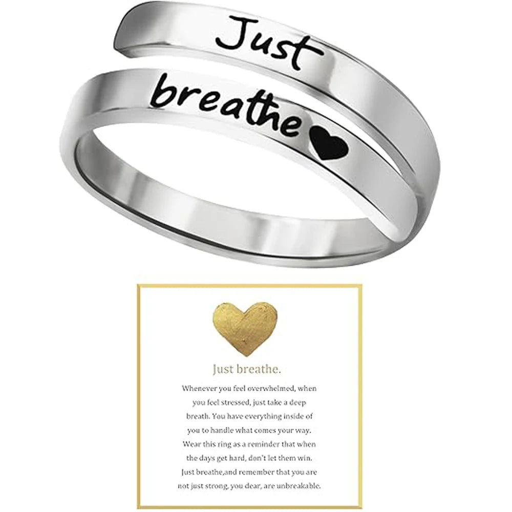Just Breathe Heart Ring for Women Men, Stainless Steel Spiral Wrap Healing Rings, Inspirational Heart felt Gifts with Box