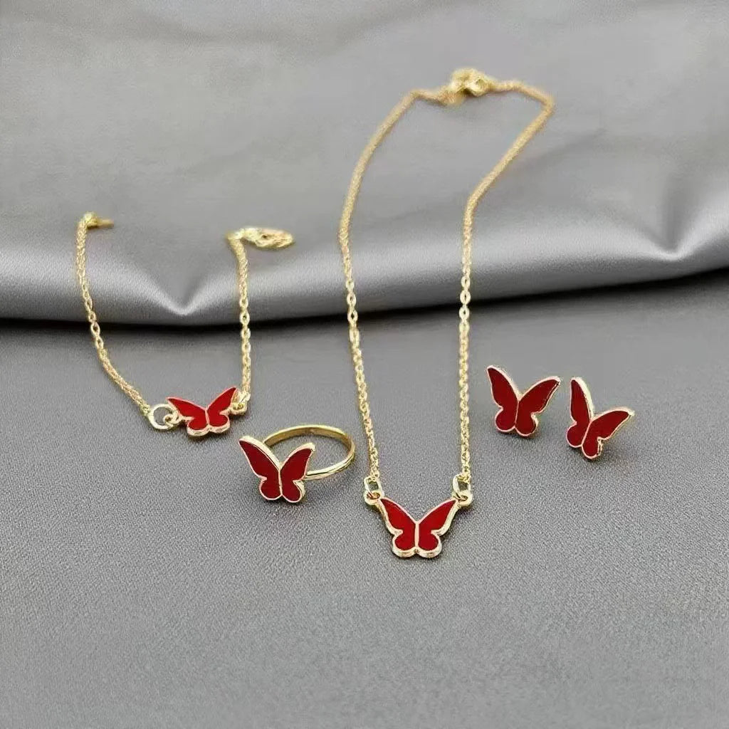Necklace Earrings Bracelet Ring Jewelry Set for Women Wedding Party Sweet Jewelry Red Enamel Oil Butterfly Charms Accessories