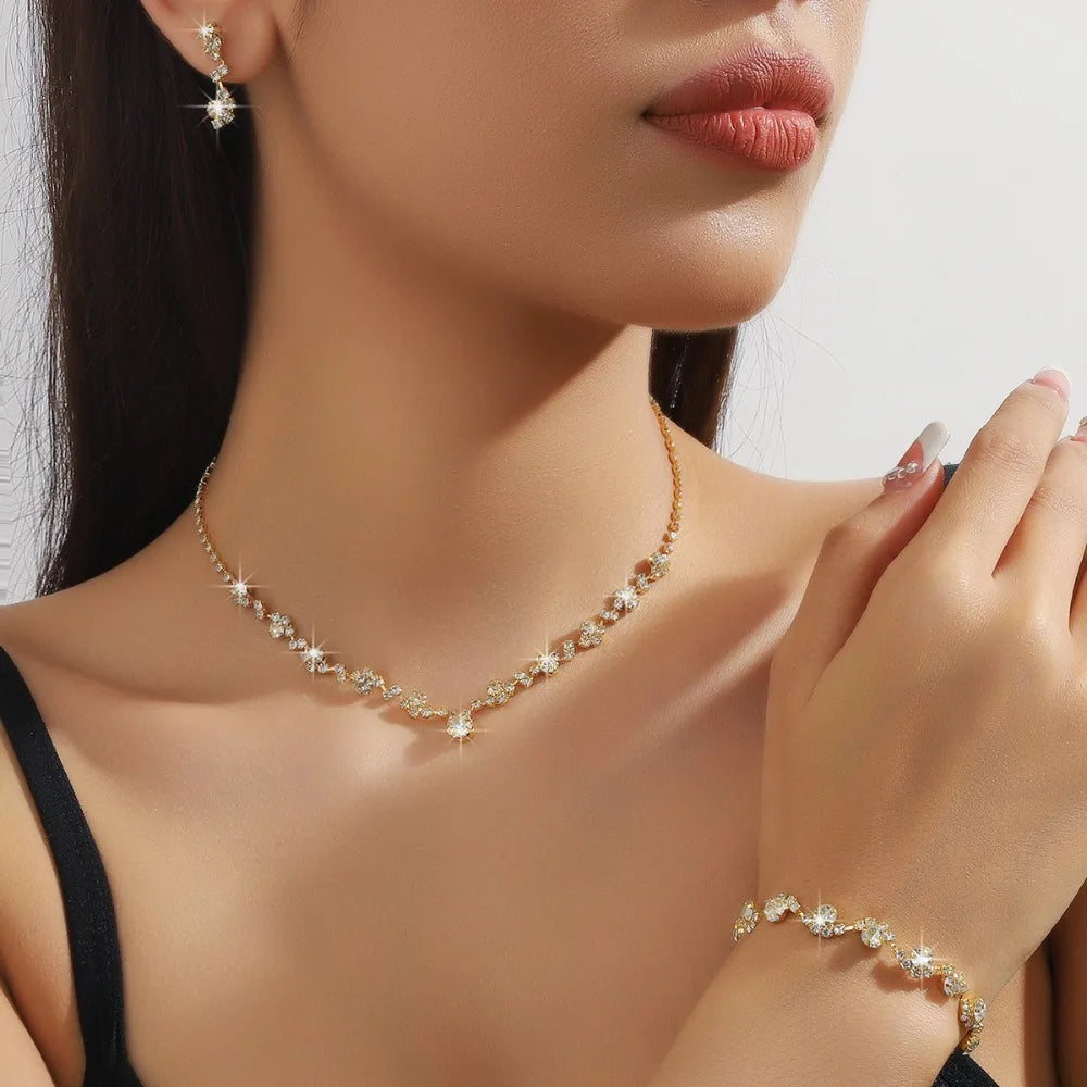 Bridal Shining Crystal Jewelry Set Rhinestone Exquisite Earrings Bracelet Luxury Necklace Women