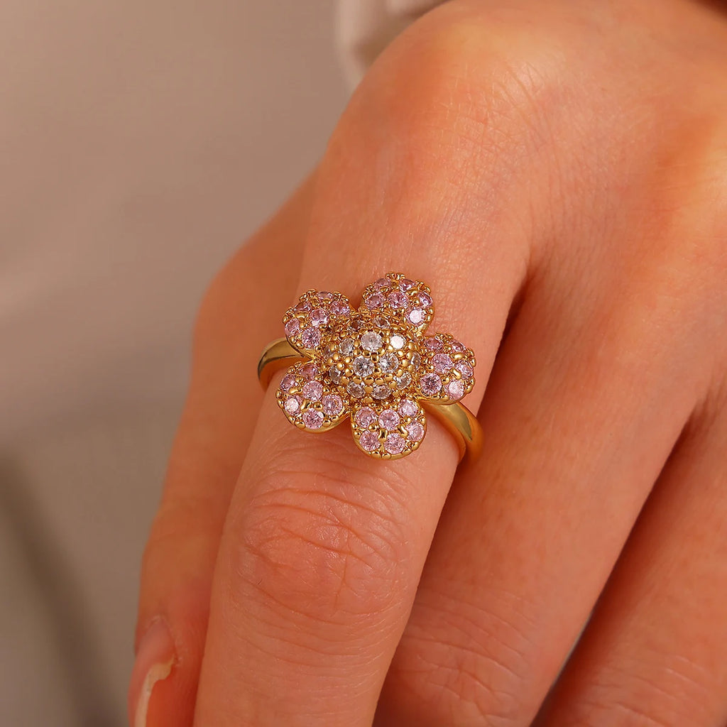 Pink Romantic Rose Rings For Women Elegant Fashion Full Zircon Flower Anillos Gold Color Jewelry Valentine's Day Wife Mama Gift