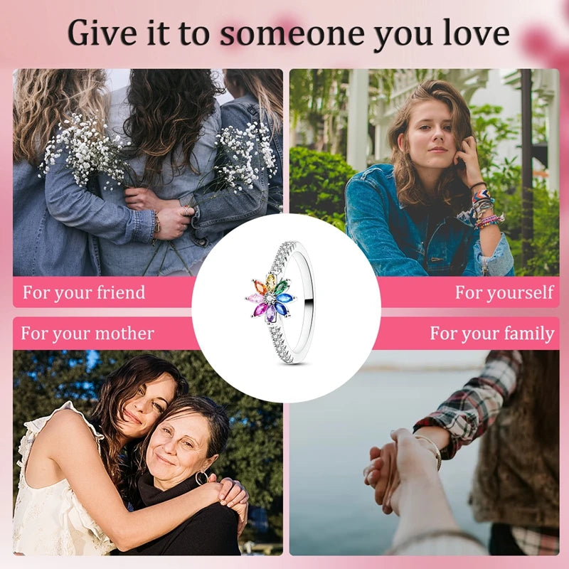 Original 925 Sterling Silver Rings Hope Rainbow Zircon Flower Rings For Women Girls Jewelry Birthday Anniversary Gifts