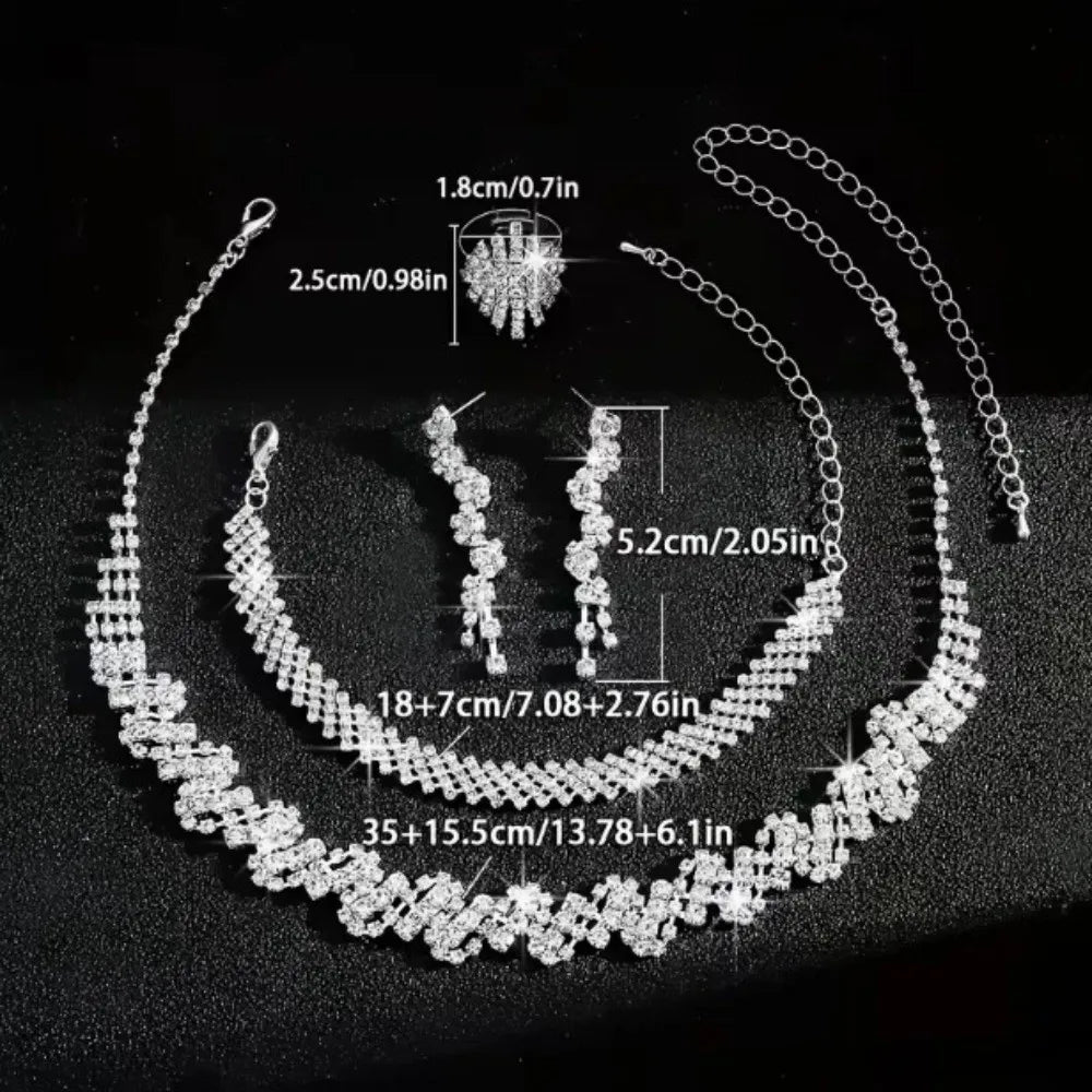 Alloy Rhinestone Jewelry Set Irregular Silver Necklace Bracelet Earrings Ring Sparkling Shiny Rhinestone Bridal Jewelry Set