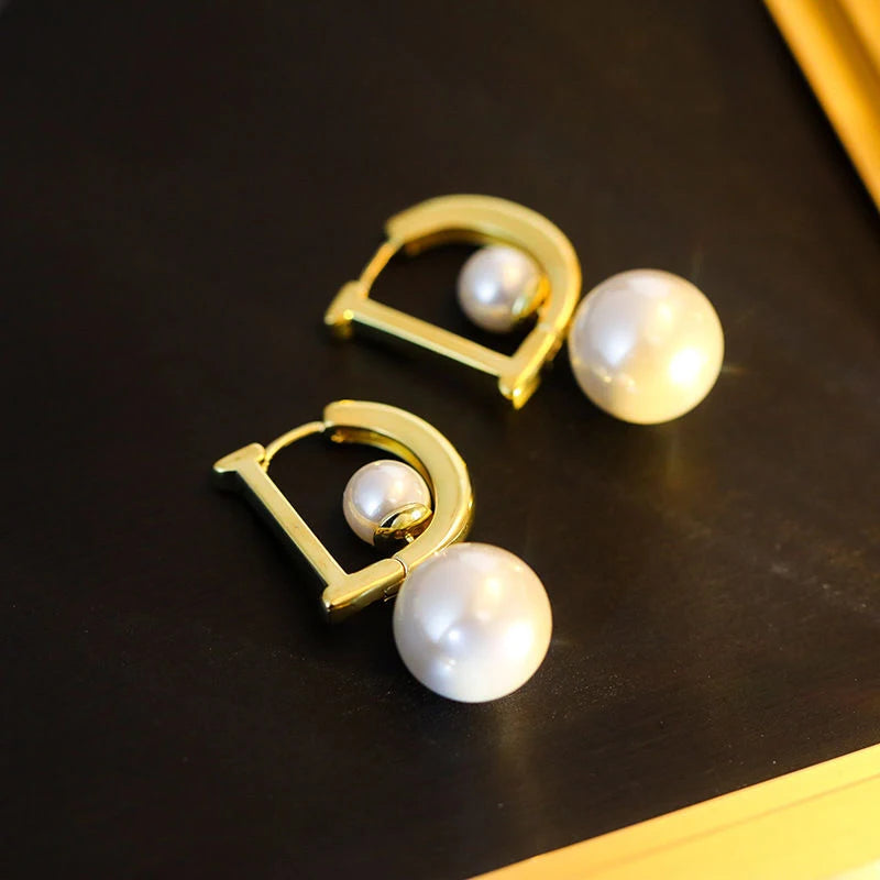 1 Pair Pearl Pendant Drop Earrings For Women Girls New Trendy Elegant D-shaped Geometric Ear Buckle Party Jewelry Gifts