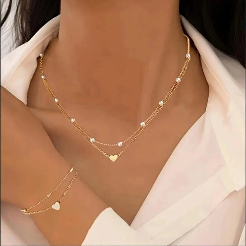 Fashion Imitation Pearl Heart Jewelry Set For Women Gold Silver Color Round Beads Necklace Bracelet Set Daily Wear Accessories Main image