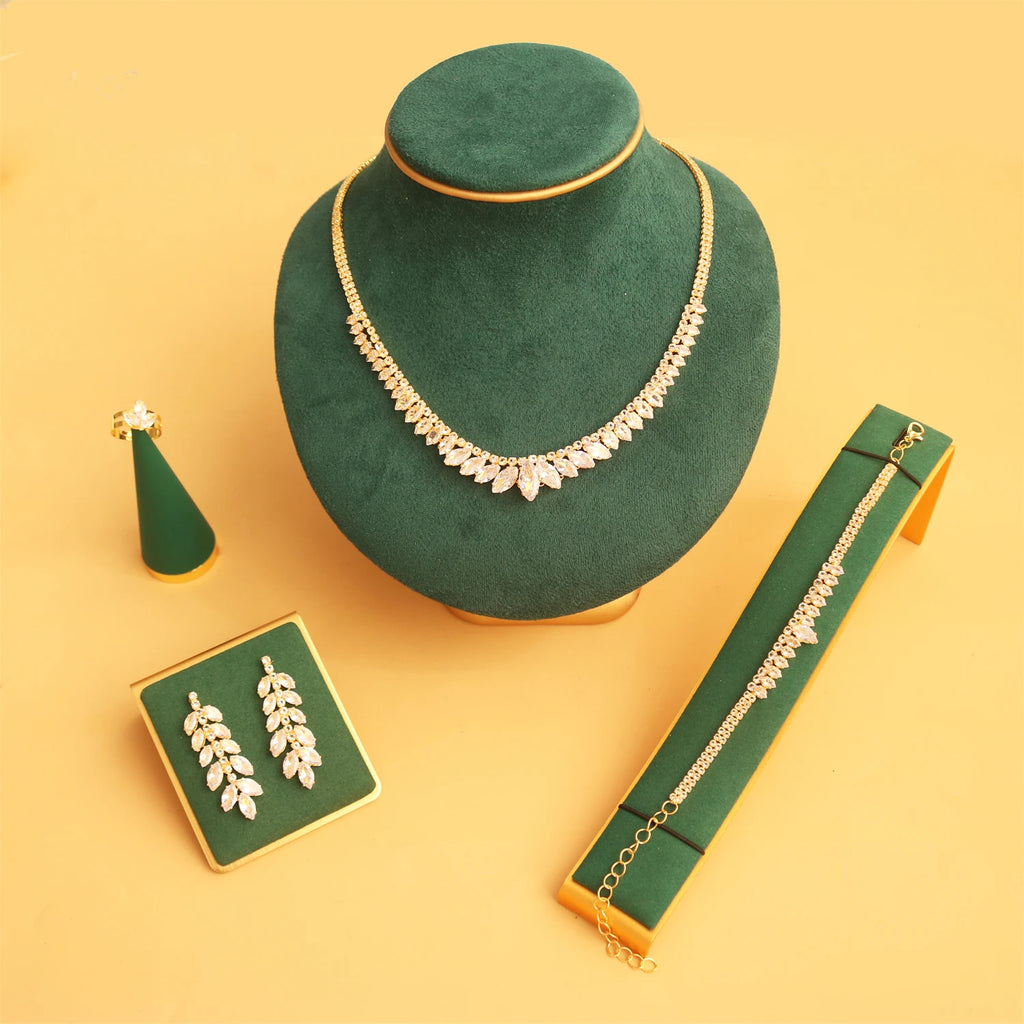Luxury Women's Jewelry Elegant Bridal Necklace Earrings Bracelets Rings 4-piece Set Bridal Wedding Party Jewelry Accessories