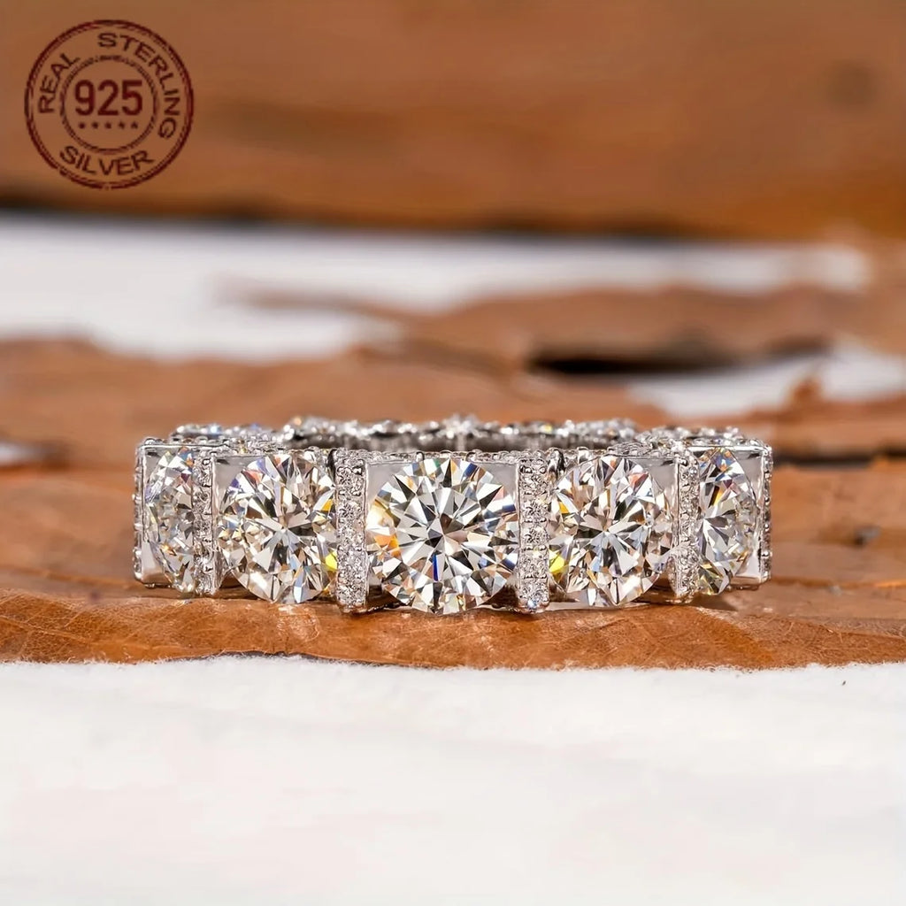 Luxury 925 Silver Rings For Women 6.50MM Round Lab Grown Diamond Zircon Wedding Band U Prong Micro Pave Full Eternity Jewelry