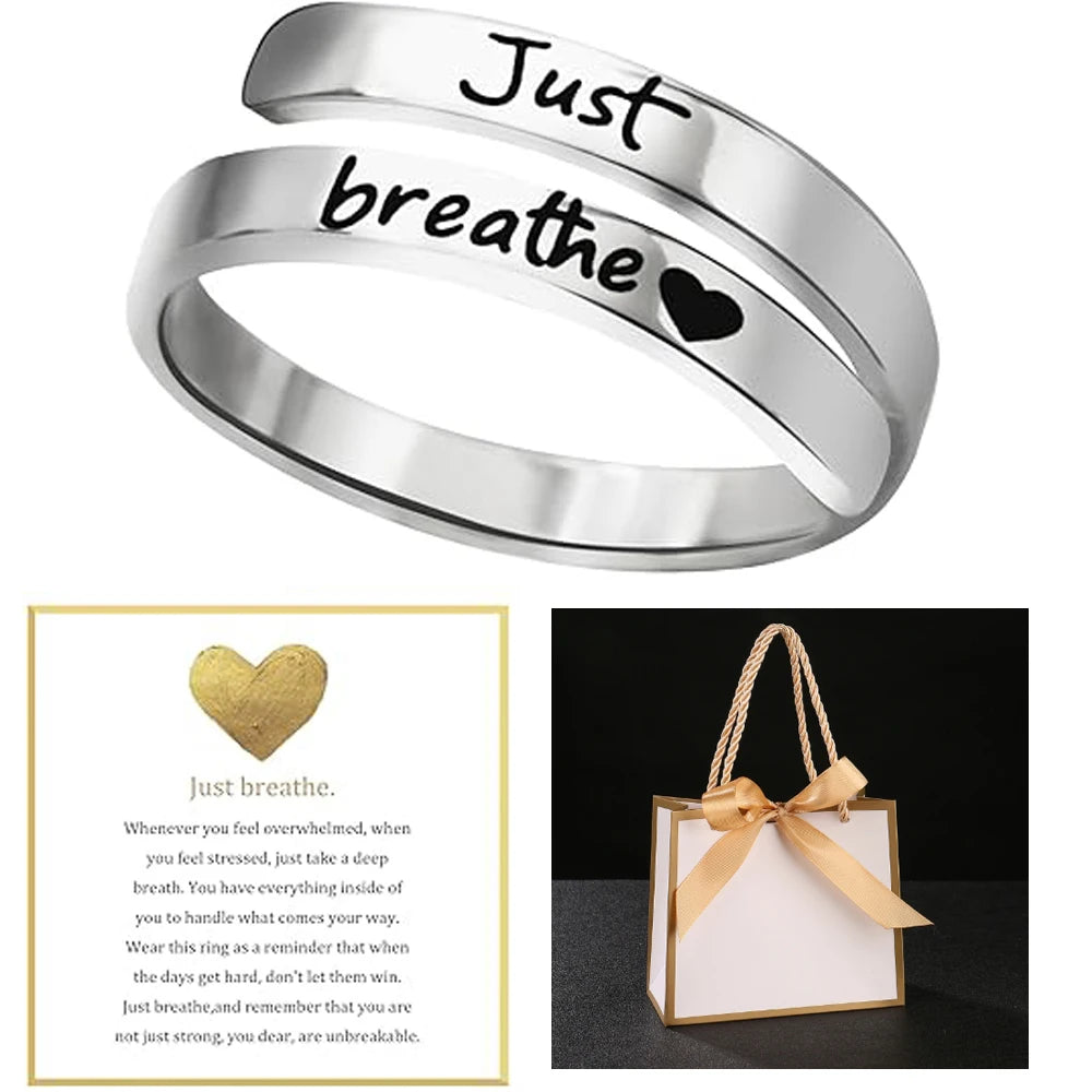 Just Breathe Heart Ring for Women Men, Stainless Steel Spiral Wrap Healing Rings, Inspirational Heart felt Gifts with Box